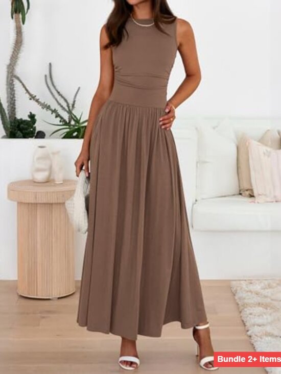 Sleeveless Maxi Dress Ruched High Waist Flowy Casual Beach Sundress - Picture 5 of 7